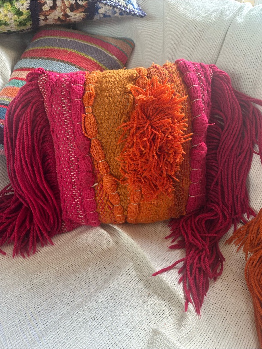 Vibrant Handwoven Fringe Pillow Cover - Pink & Orange